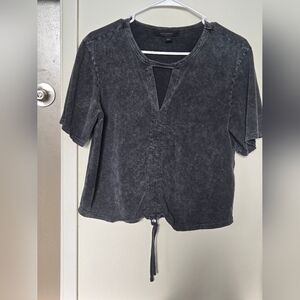 All Saints Black Washed Short Sleeve Top with Center Drawcord